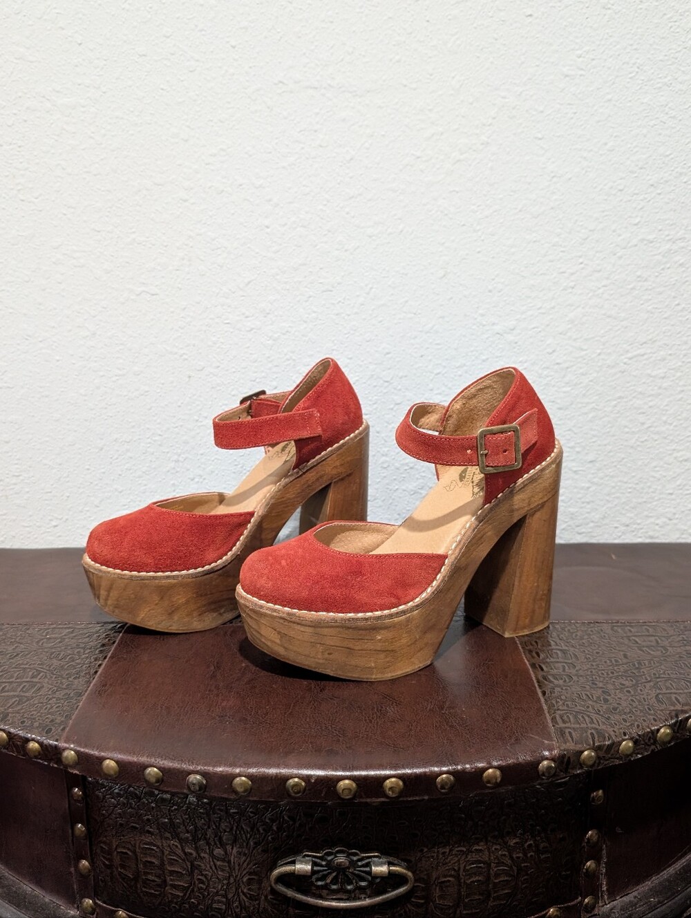 FreeBird Poppy Platform Maryjane Pumps Orange/ Red Ankle Strap size 7